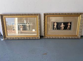 Pair of Ornate Gold Framed 3D Relief Cherub Artworks