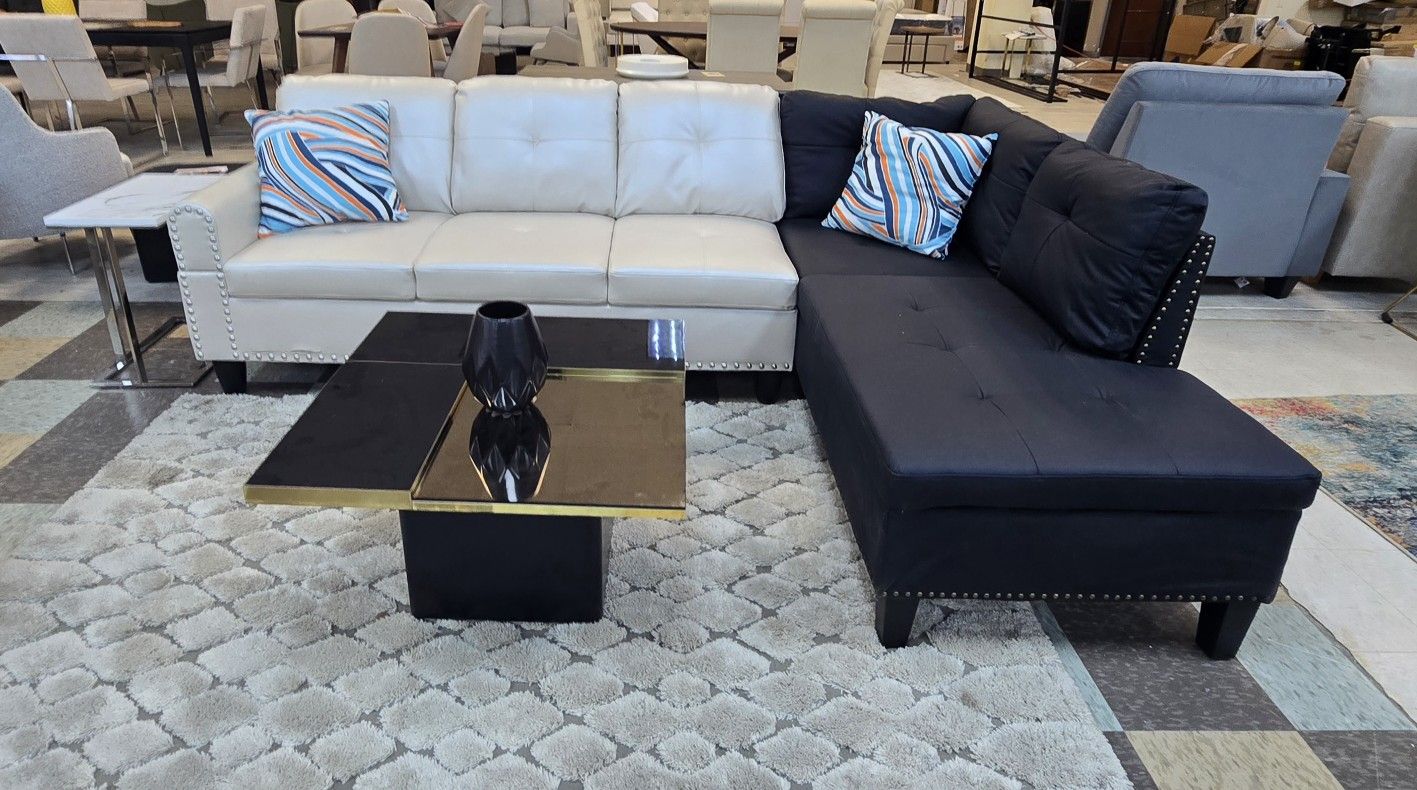 BRAND NEW 
Black & White Stylish Faux Leather Sofa Chaise  Sectional Set With Cup Holder Drop-Down Table
