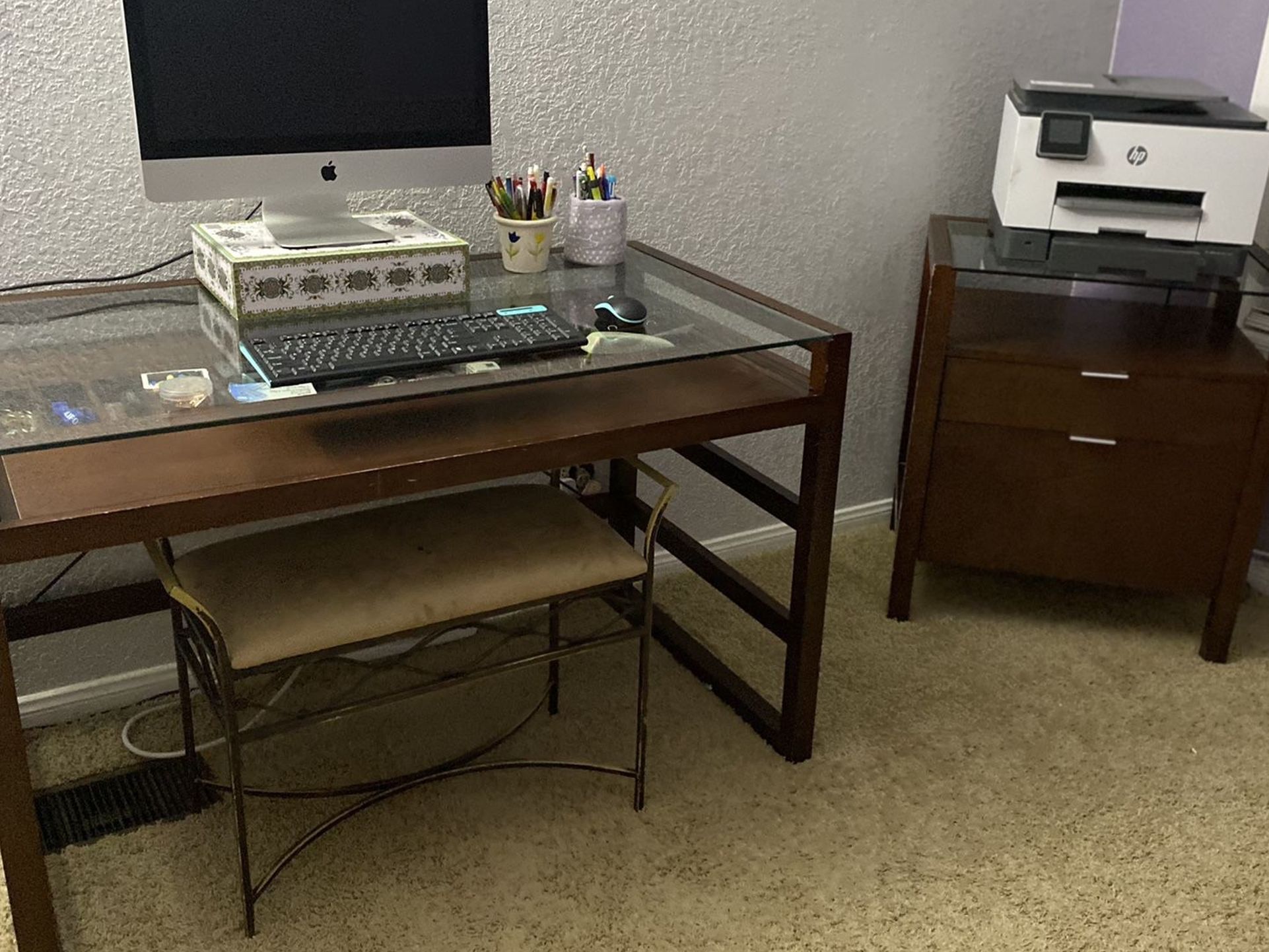 Glass Top Desk With Matching File Cabinet