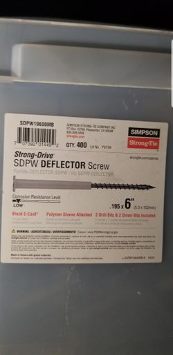 Brand New (SDPW19600MB) 400ct. Simpson Strong Drive 0.195 × 6" Coated Polymer Sleeve Deflector Screw