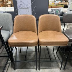 CHITA Counter Height Bar Stools Set of 2, FSC Certified Metal Barstools for Kitchen Island, 27" H Seat Height, Faux Leather, Saddle Brown