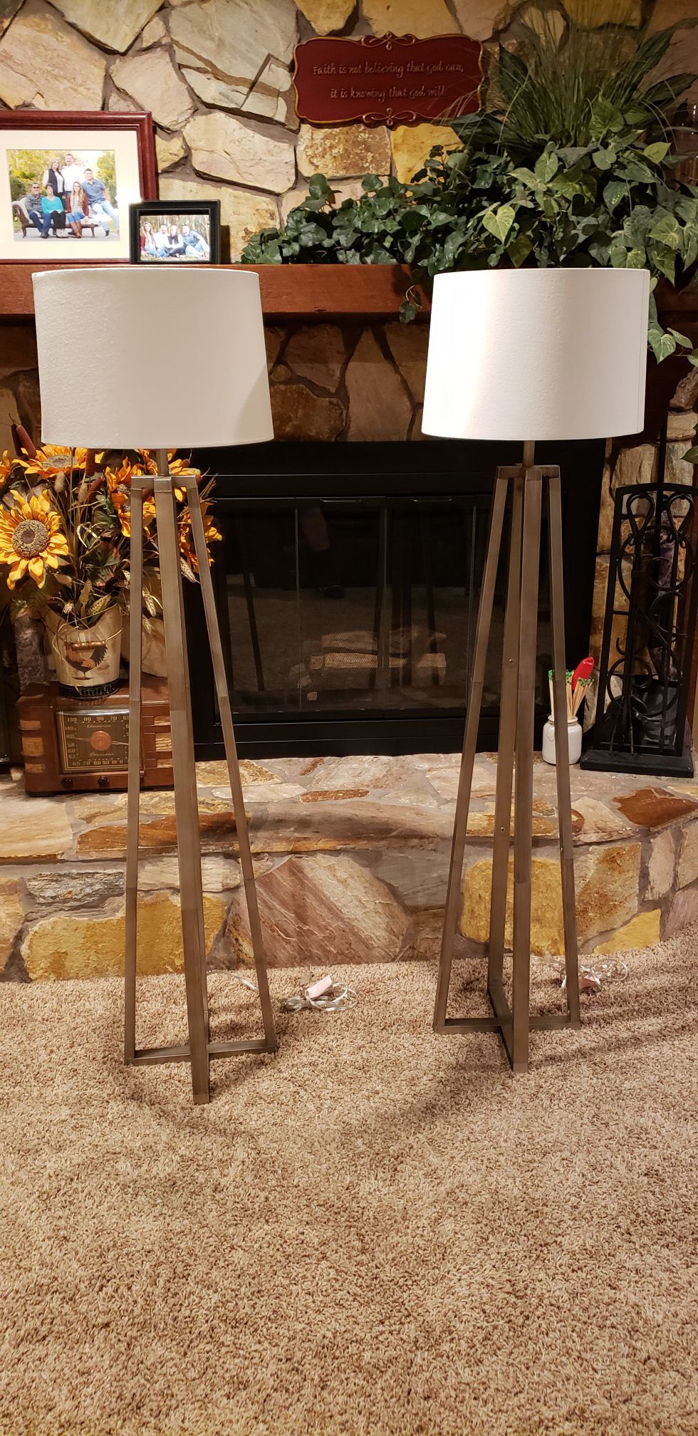 Two (2) Art Deco Retro Metal Floor Lamps with Drum Shades
