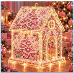 3D Christmas House Diamond Painting Pearl Art Kit for Adults， Acrylic Christmas House Beads Craft Kits with LED Lights, DIY Tree Ornaments, Festive Ta