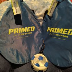 Two Primed 3'x2' Pop Up Soccer Goals, NWT And A New Soccer Ball