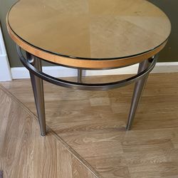 Mid-Century Modern Bauhaus-Style Round Table With Glass Top & Chime Frame 21”T & 24 “D