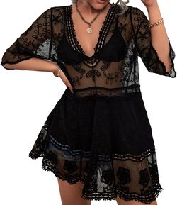 Sexy Women's V-Neck Lace Bathing Suit Cover Up Beach Dress - One Size