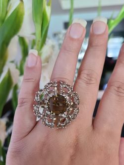 Gorgeous created smoky topaz silver filled ring size 7