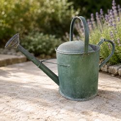 Large Vintage Green Galvanized Watering Can with Rose - Rustic European Cottage Garden Décor.