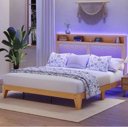 Wood Platform Bed Frame with LED Headboard Storage