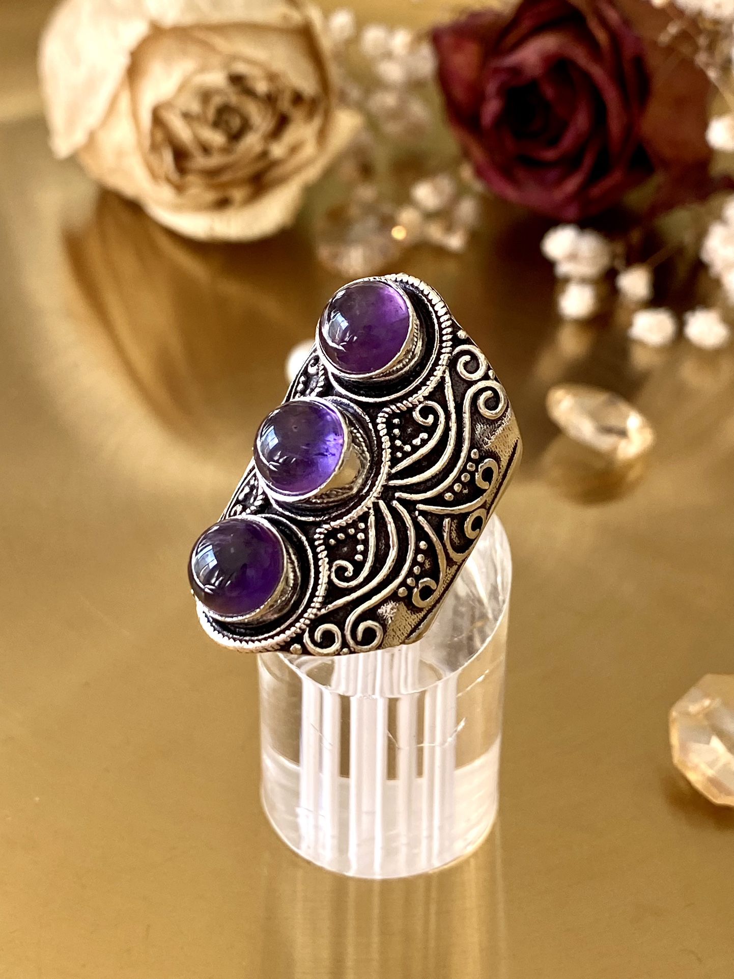 Natural Amethyst 925 Sterling Silver Overlay Handcrafted Ring Size 8.25