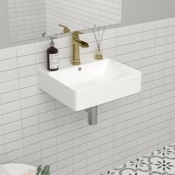 Mocoloo 18"x16" Wall Mounted Bathroom Sink White Rectangle Porcelain ADA Compliant Ceramic Bathroom Sinks Floating Vanity Sink for Lavatory Room Basin