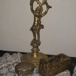 VINTAGE ORNATE BRASS MID CENTURY HOLLYWOOD REGENCY CANDLESTICK CANDLE HOLDER CANDELABRA TAPE DISPENSER JEWELRY BOX TABLE DECOR DISPLAY