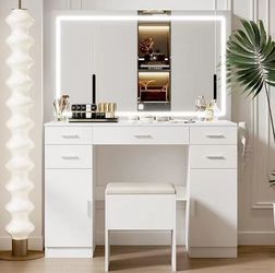 Makeup Vanity Desk with Mirror and Lights: Large Mirror with 3 Modes Lighting - White Vanity with 5 Drawers, 2 Cabinets, Storage Stool and Power Outle