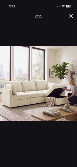 Cream Sectional Sofa with Storage Ottoman