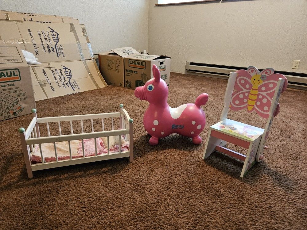Baby Cradle, Bouncy Donkey And Chair
