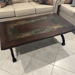 Walnut Coffee Table with Tile Inlay Top & Metal Base