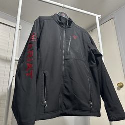 Ariat Softshell Jacket Mens XL Black Red Logo Spellout Fleece Lined Full Zip