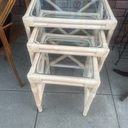Vintage Rattan Bamboo Set Of Three Tables Table Plant Stand Excellent Condition 