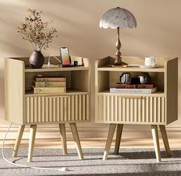 NEW Fluted Nightstand Set of 2 with Charging Station, USB-C, Drawer & Shelf, Solid Wood Legs, Natural