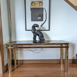 Vintage Postmodern Brass & Smoked Glass Console Table