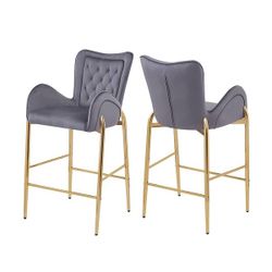 Set of 2 – 28.75” Gray Velvet Bar Stools with Gold Metal Legs, High Back & Footrest
