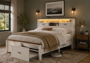 Queen Farmhouse Bed Frame with Storage Drawers & LED Lights