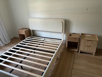 Boucle bed 3 night stands, rug mirror. 3 months old