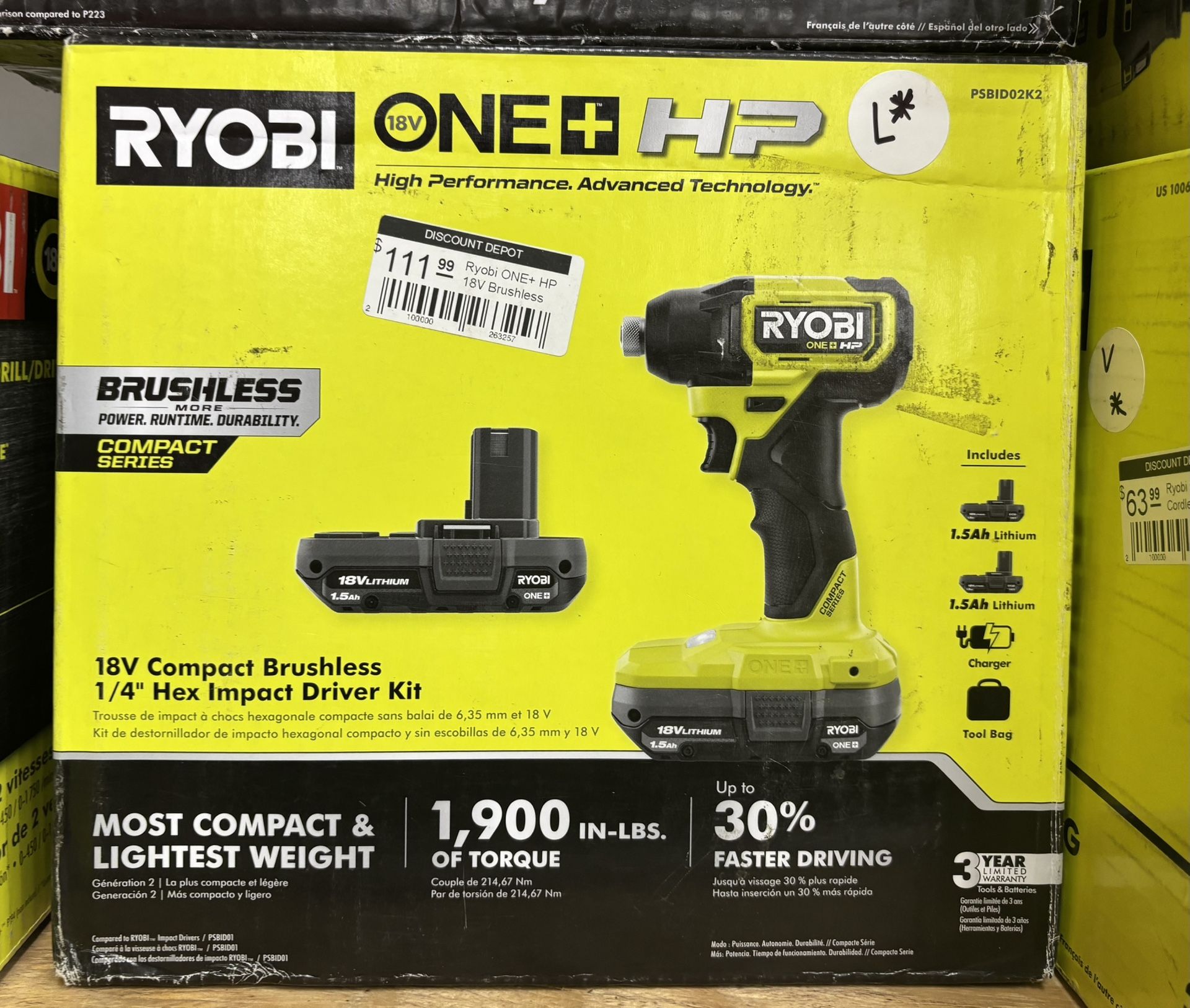 Ryobi 18V Compact Brushless 1/4" Hex Impact Driver Kit
