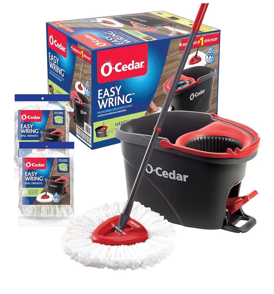 O-Cedar EasyWring Microfiber Spin Mop & Bucket Floor Cleaning System + 2 Extra Refills, Red/Gray