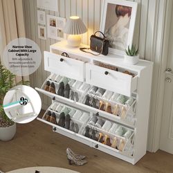24 Pair Shoe Storage Cabinet With 2 Drawers, Shoe Rack 