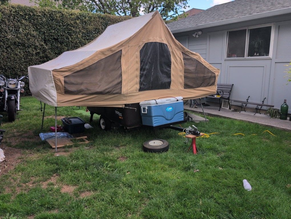 A Real Tent Trailer With Brand New Wheels And Tires No Rips In The Screens Can't Come With Other Camping Accessories Stove Lamp Heater That Doesn't Go