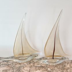 Pair Of Murano Glass Golden Sailboats,  15" Tall