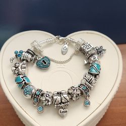 AUTHENTIC PANDORA CHARM BRACELET WITH UNBRANDED EUROPEAN BEADS 