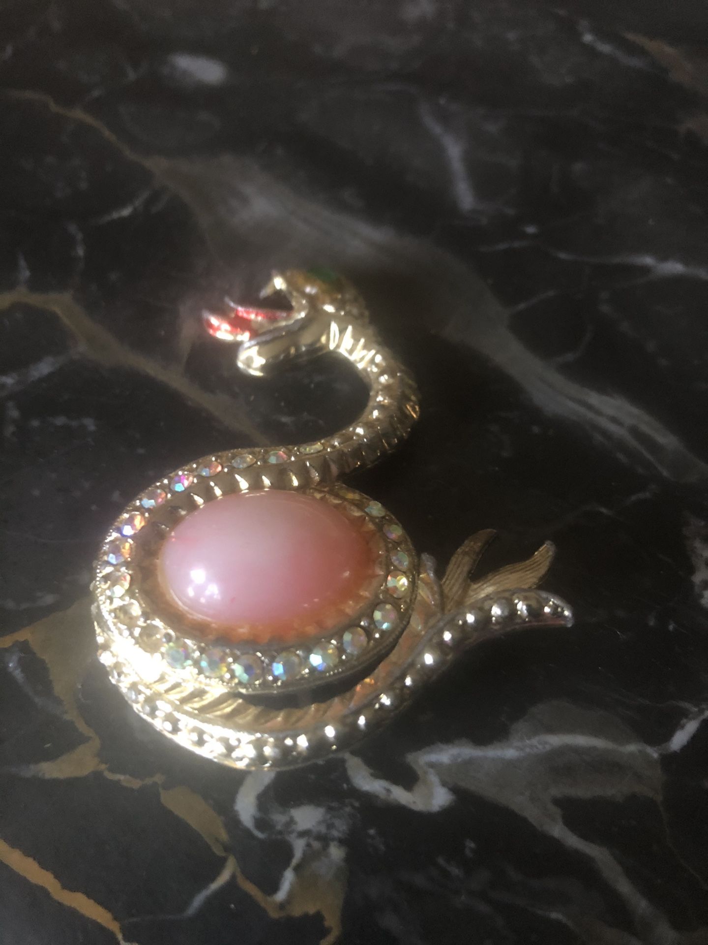 Antique Snake Brooch Pin Rhinestones center pink stone