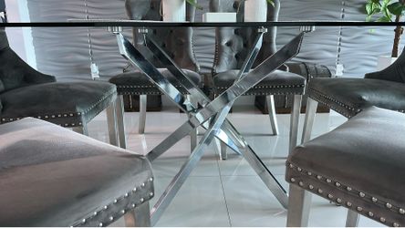 Elegant Glass Dining Table with 6 Gray Tufted Chairs