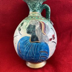 6.25 Inch Handmade Hand Painted Hand Etched Greek Ceramic Vase (Chipped) (Read Description)