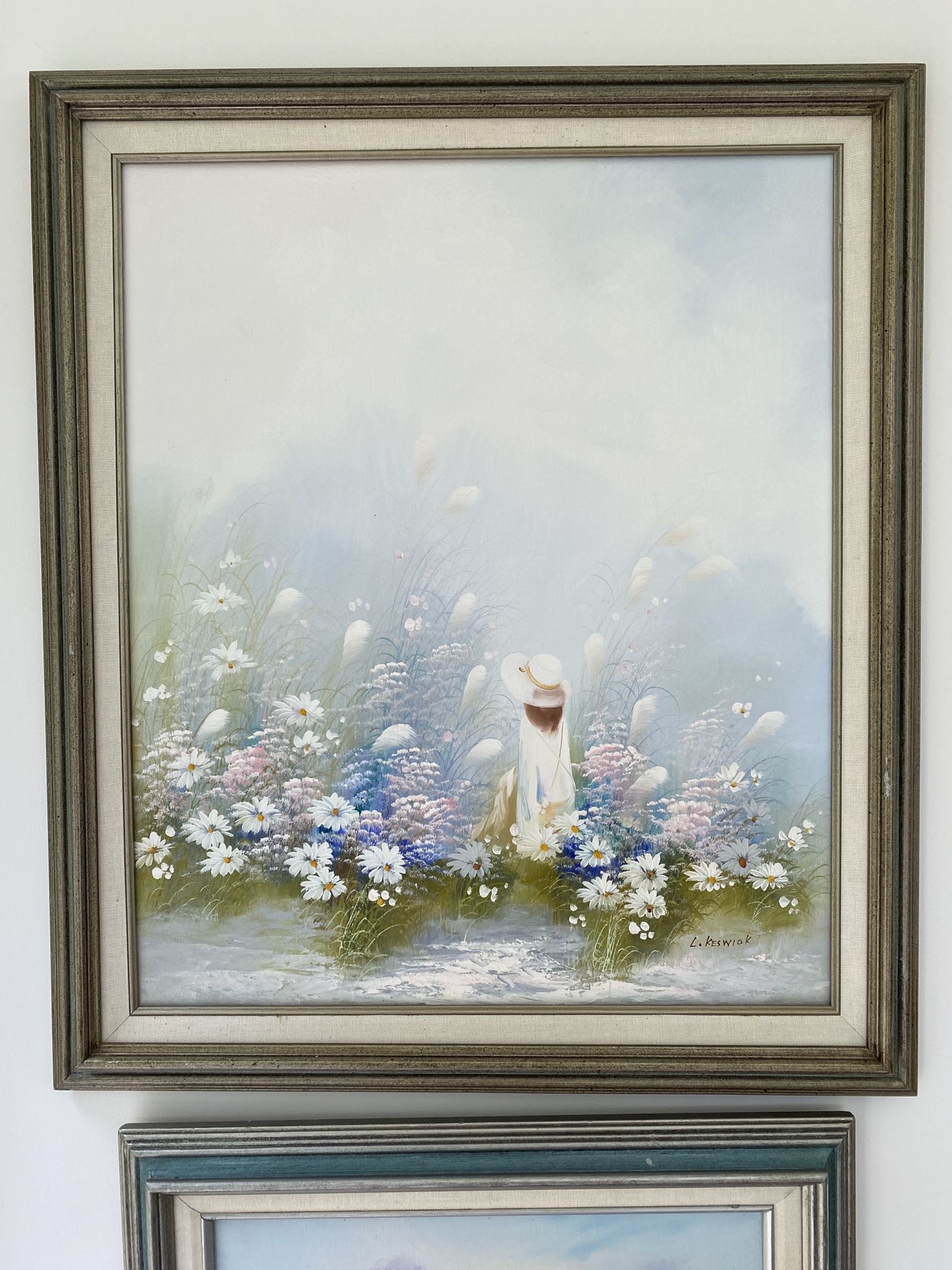 L. KESWIOK Vintage Girl in Flower Field Oil On Canvas Painting Impressionist 24x29”