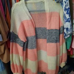Ivory, Pink And Grey Open Front Sweater