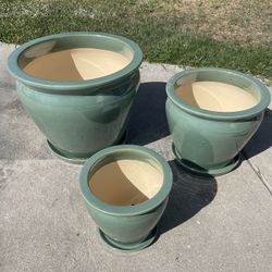 Ceramic Planters With Saucer Attached-Green Pots ($85 set of 3)