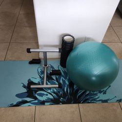 Yoga mat, exercise ball, foam roller, and sit-up bar.