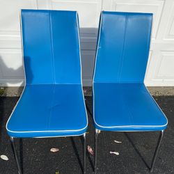 Pair of Retro Blue Vinyl and Chrome Chairs Kitchen Dining Office