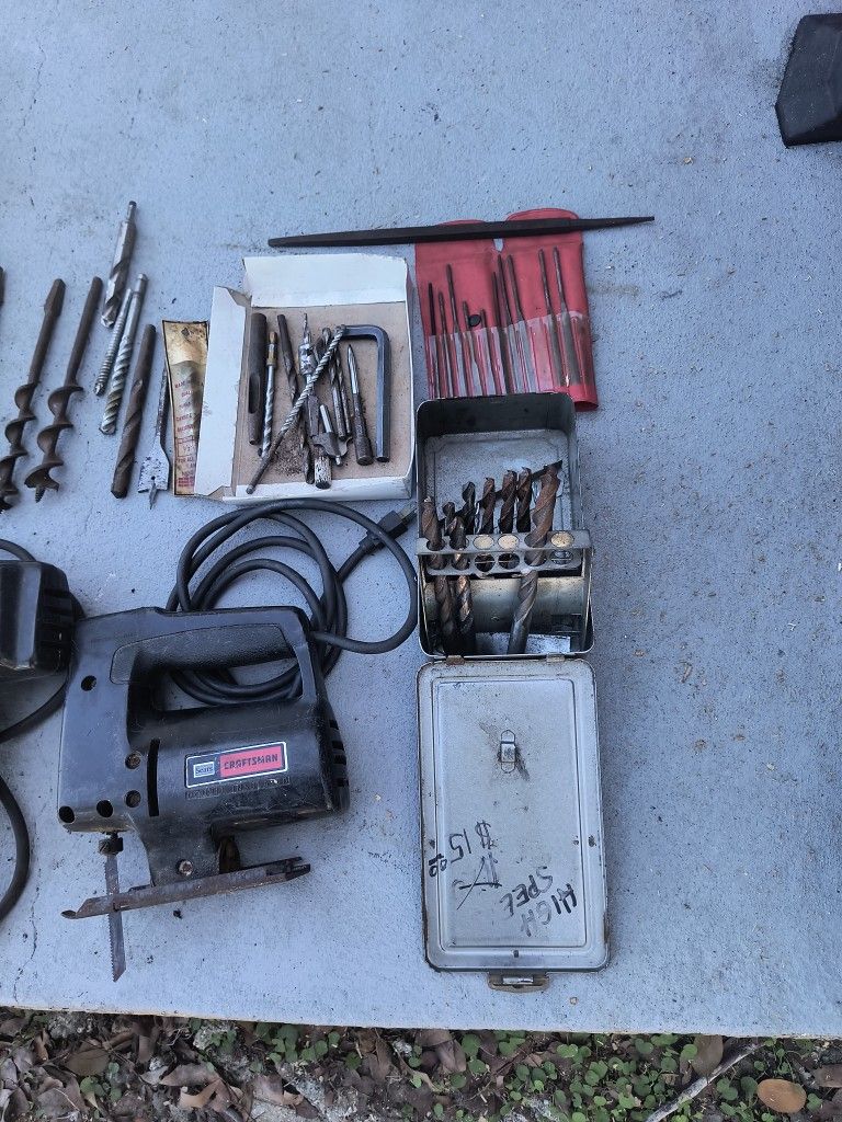 EVERYTHING IN PICTURES TAKE ALL,1/2" REV.DRILL& JIG SAW,DRILLS BITE,MITER BOX NEW, FILES,SNIPES,PULLERS,- MORE, NEED GONE TODAY!