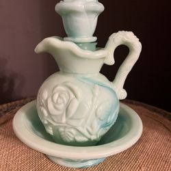 Vintage Avon Turquoise Green Milk Glass Pitcher and Bowl