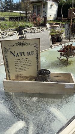 Vintage Rustic  Wood Box, Metal Nature Sign & Tin Lantern