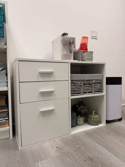 White Storage Cabinet with Drawers and Shelves
