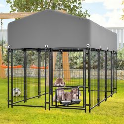 Dog Kennel Outdoor with Roof, 4.23'x7.81'x4.83' Welded Wire Enclosure, Heavy Duty Dog Crate