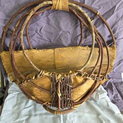Vintage 16" All Natural Handmade Stick Palm Husk Leaf Stitch Wall Pocket Basket