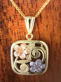 14k tri-color two plumeria scroll square pendant