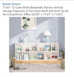 New open box. Price is firm 12-Cube White Bookshelf, Narrow Vertical Storage Organizer, 6-Tier Open Shelf with Anti-Tip Kit for Living Room, Office (