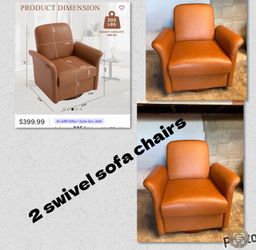 Set of 2 Orange Leather Swivel Sofa Chairs